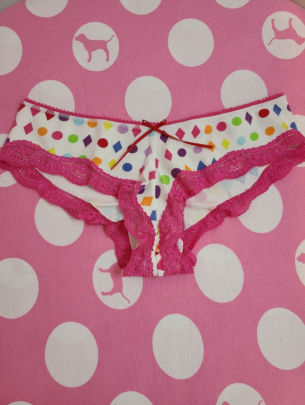 Rare VTG VS PINK Graphic Cotton Lace Trim Low Rise Cheekster Panty Size Sm